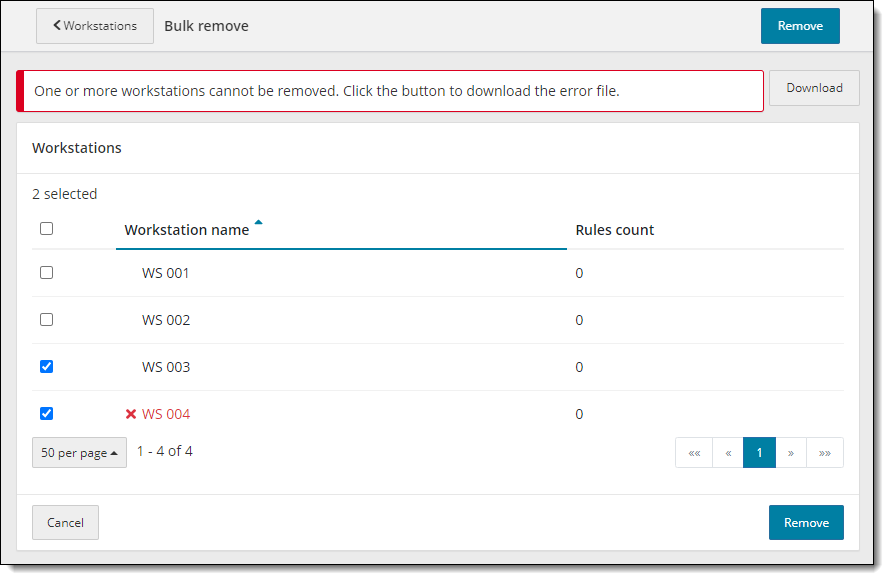 Workstations cannot be removed error message.